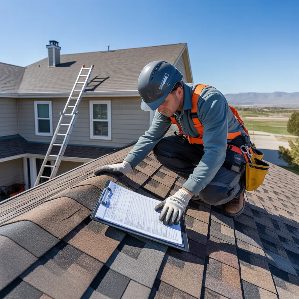 A roofer documenting roof condition during an inspection during a roof replacement project in Westminster