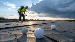Roof inspector examining storm damage on a commercial flat roof with visible cracks and debris