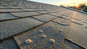 Close-up view of an asphalt shingle roof showing early signs of hail damage with visible small impact marks and granule loss at sunset.