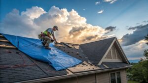 Temporary roof repair on a hail-damaged home, showing patched asphalt shingles and emergency protective covering.