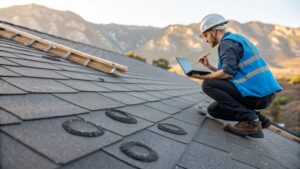Roof inspector documenting hail damage on asphalt shingles with a laptop during an insurance claim assessment in Colorado mountains.