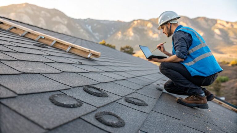 Roof inspector documenting hail damage on asphalt shingles with a laptop during an insurance claim assessment in Colorado mountains.