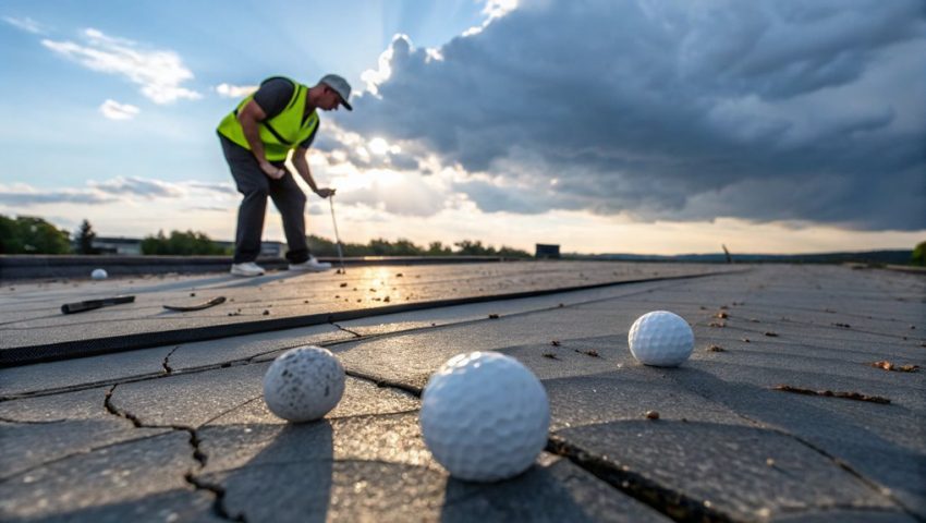 Roof inspector examining storm damage on a commercial flat roof with visible cracks and debris