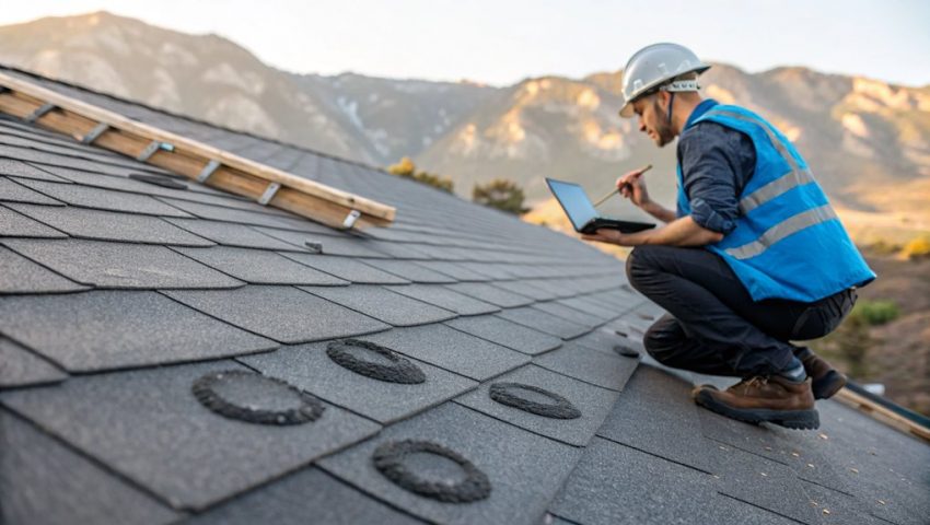 Roof inspector documenting hail damage on asphalt shingles with a laptop during an insurance claim assessment in Colorado mountains.